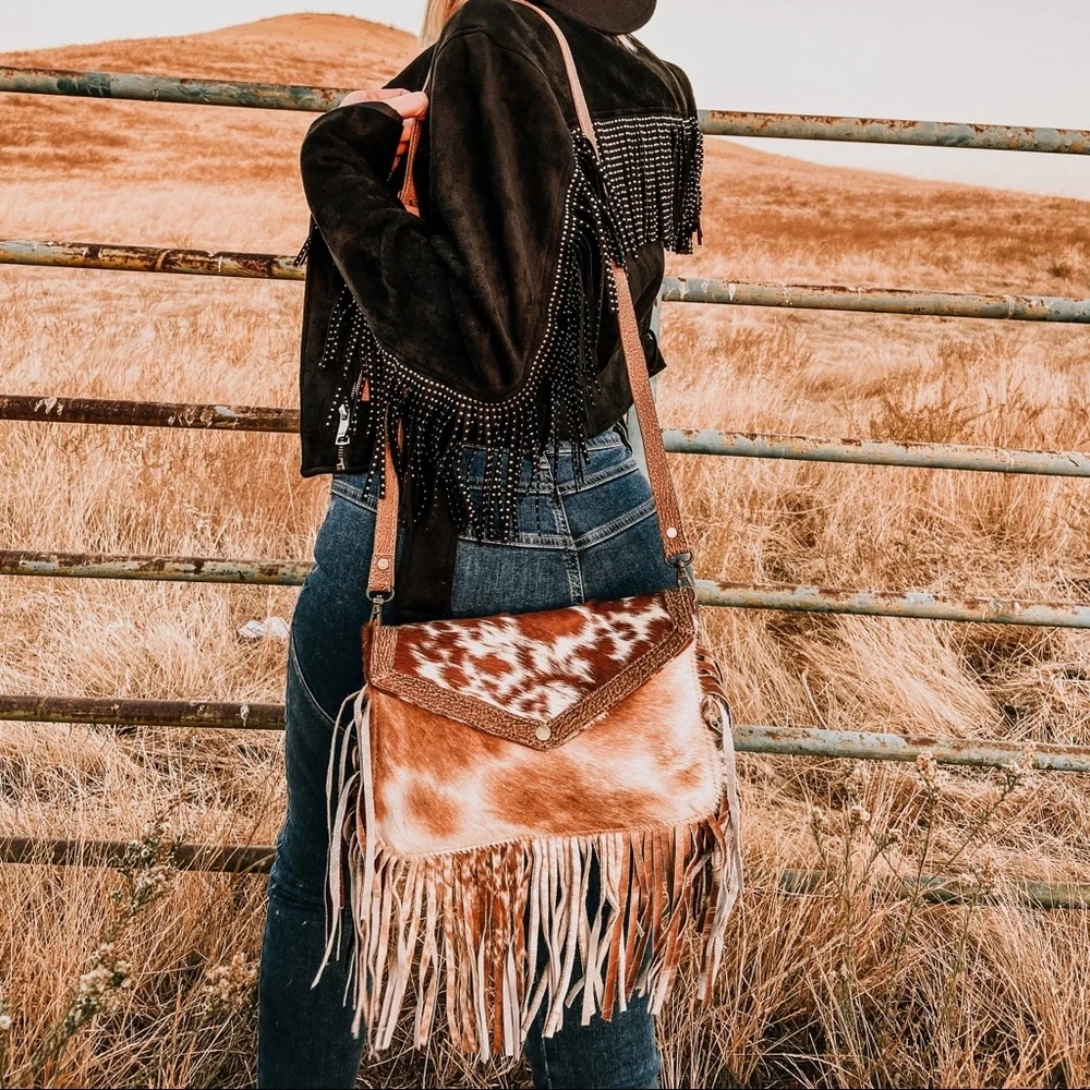 Genuine Cowhide Fringe Purse Western Fashion - Picture 1 of 2